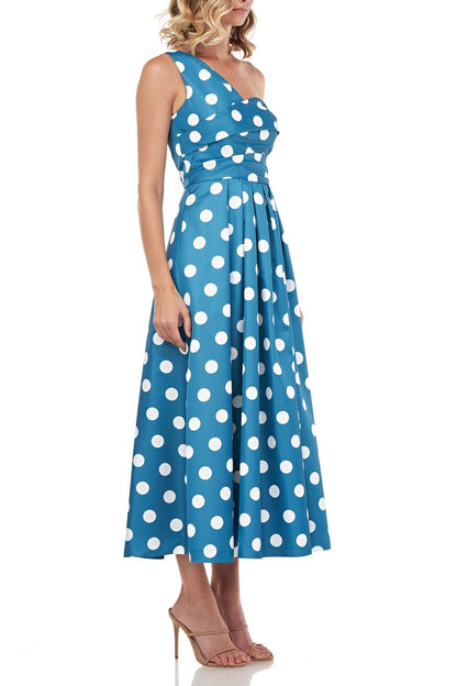 Kay Unger one shoulder sleeveless pleated polka dot print zipper closure A-line mikado dress