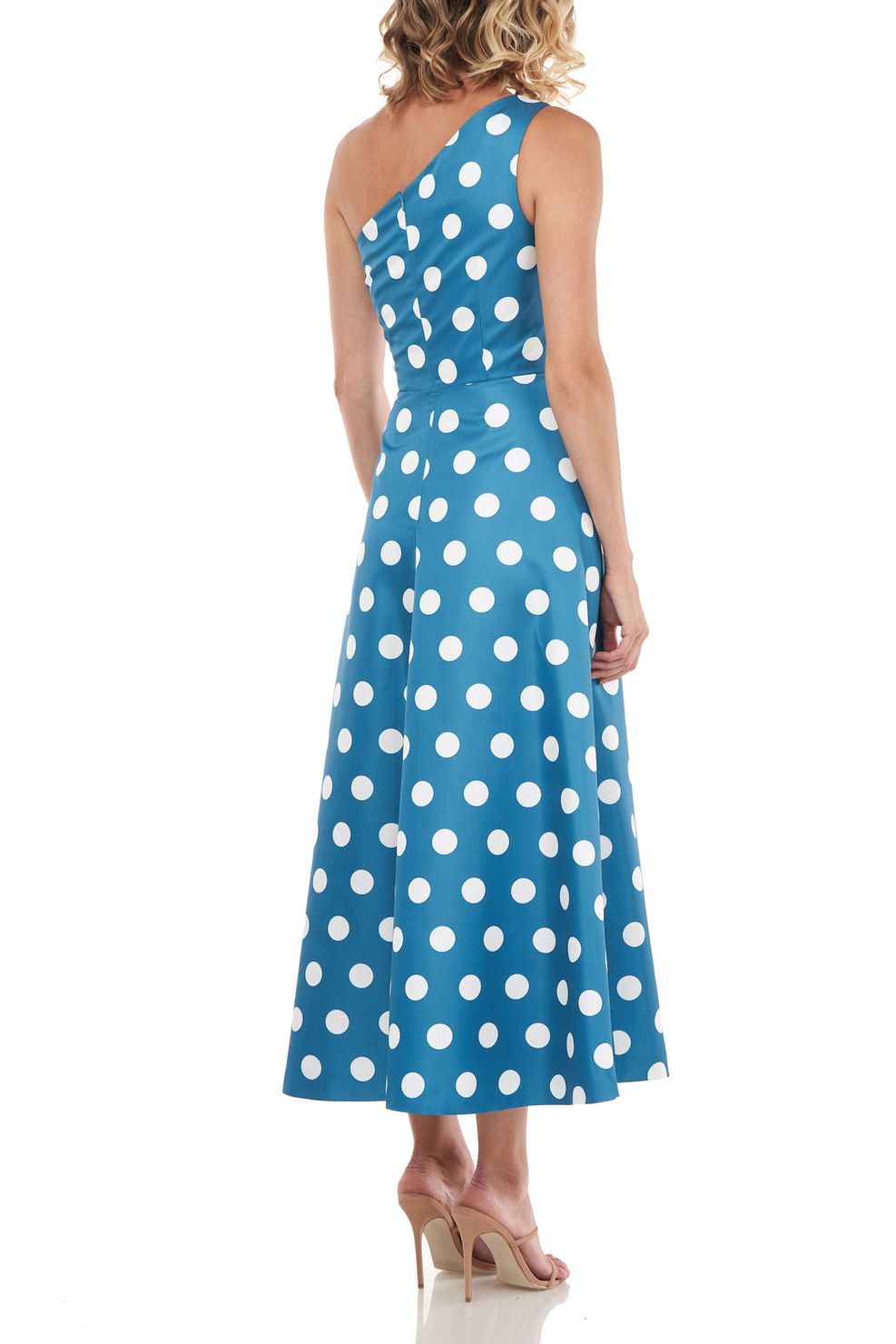 Kay Unger one shoulder sleeveless pleated polka dot print zipper closure A-line mikado dress