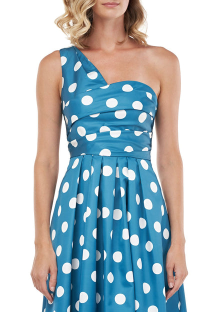 Kay Unger one shoulder sleeveless pleated polka dot print zipper closure A-line mikado dress