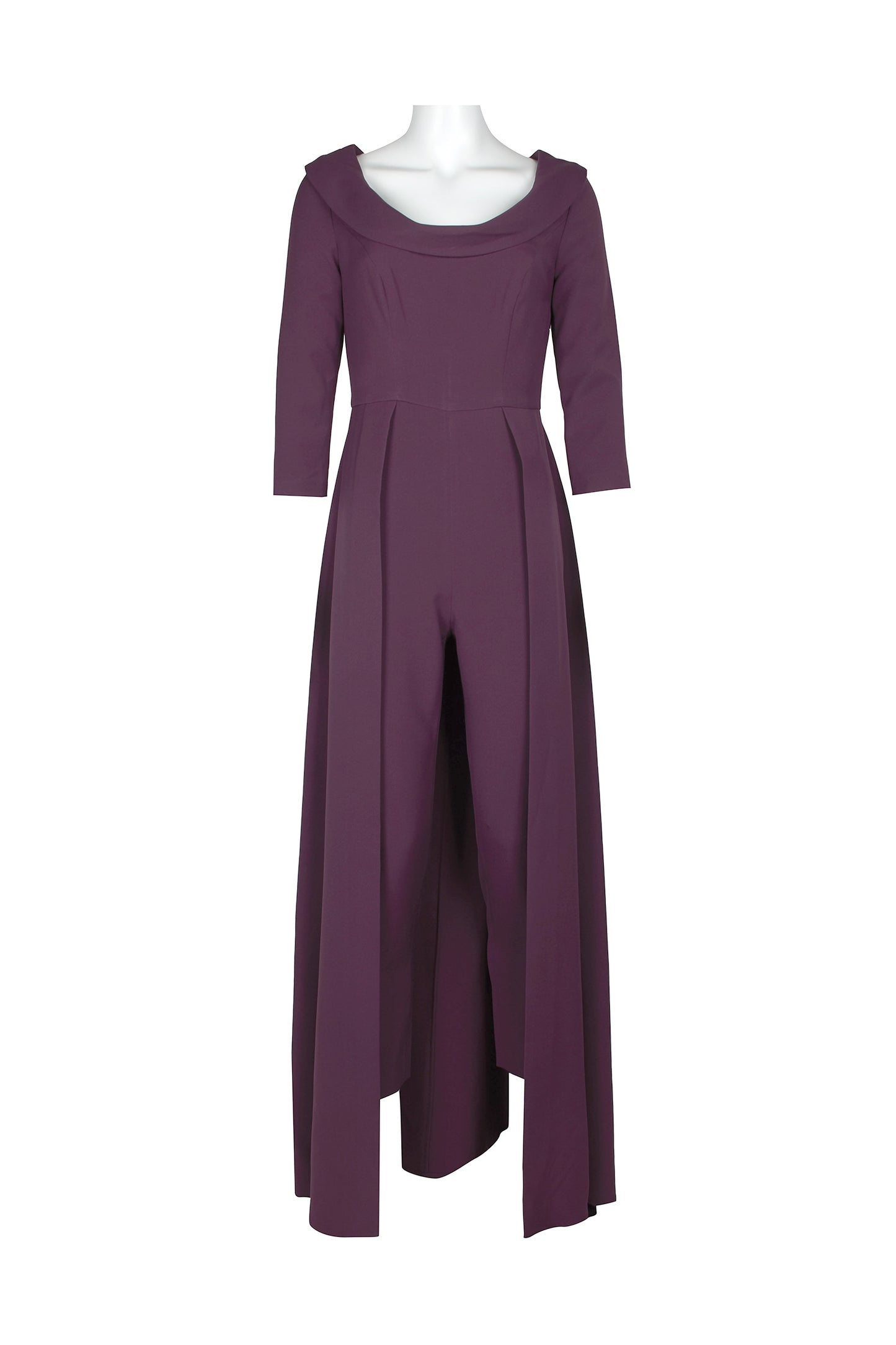 Kay Unger Scoop Neck 3/4 Sleeve Lapel Collar Solid Stretch Crepe Jumpsuit - PLUM - FRONT FULL VIEW  