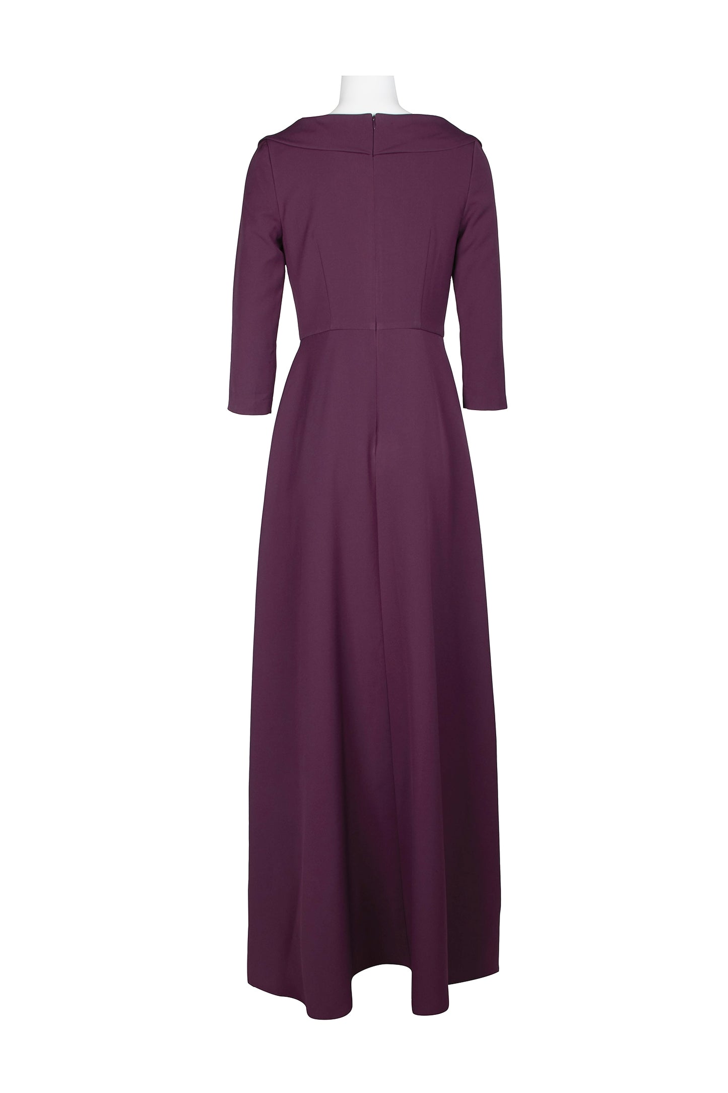 Kay Unger Scoop Neck 3/4 Sleeve Lapel Collar Solid Stretch Crepe Jumpsuit - PLUM - BACK 