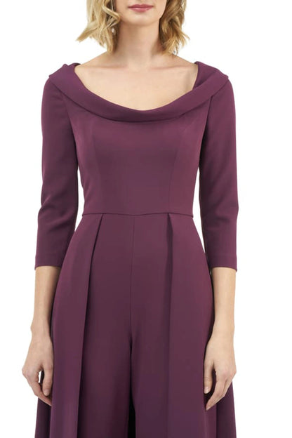 Kay Unger Scoop Neck 3/4 Sleeve Lapel Collar Solid Stretch Crepe Jumpsuit - PLUM - FRONT VIEW