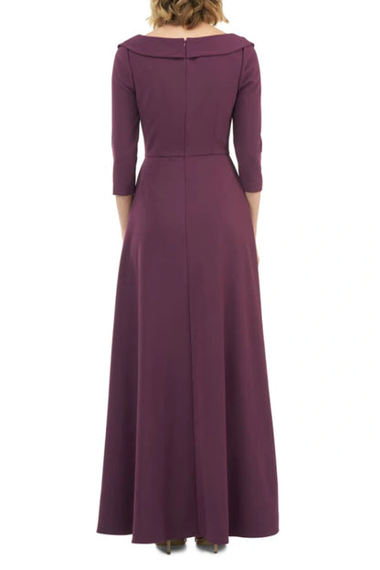 Kay Unger Scoop Neck 3/4 Sleeve Lapel Collar Solid Stretch Crepe Jumpsuit - PLUM - BACK VIEW 