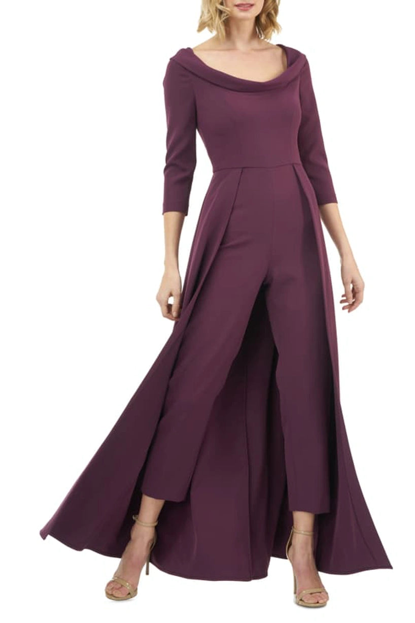 Kay Unger Scoop Neck 3/4 Sleeve Lapel Collar Solid Stretch Crepe Jumpsuit - PLUM - FRONT 