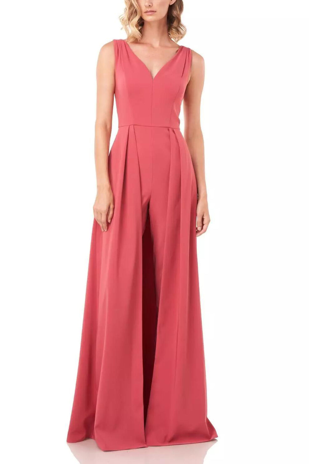 Kay Unger V-Neck Sleeveless Zipper Back Solid Stretch Crepe Jumpsuit - ROSE - Front