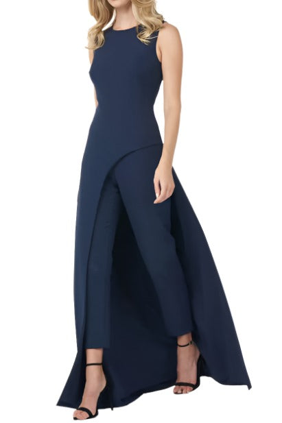 Kay Unger jewel neck elbow sleeve fitted bodice cropped pant stretch crepe walk thru jumpsuit