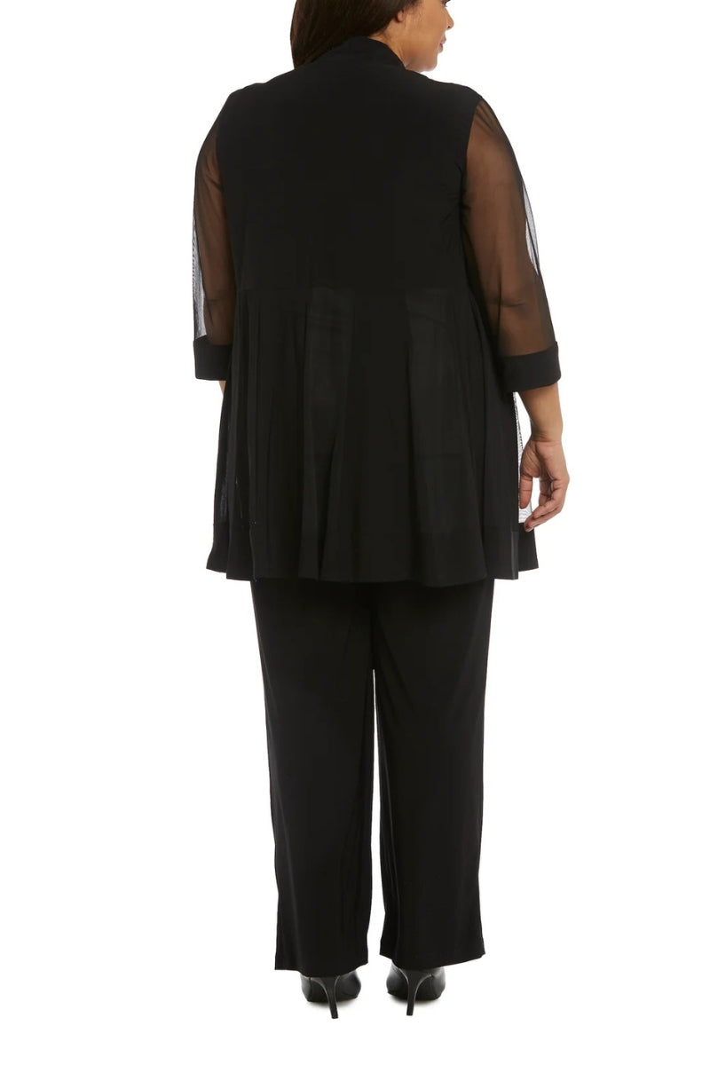 R&M Richards Three Piece Pantsuit With Sheer Sleeves and Neckline Beading (Plus Size) - BLACK - Back