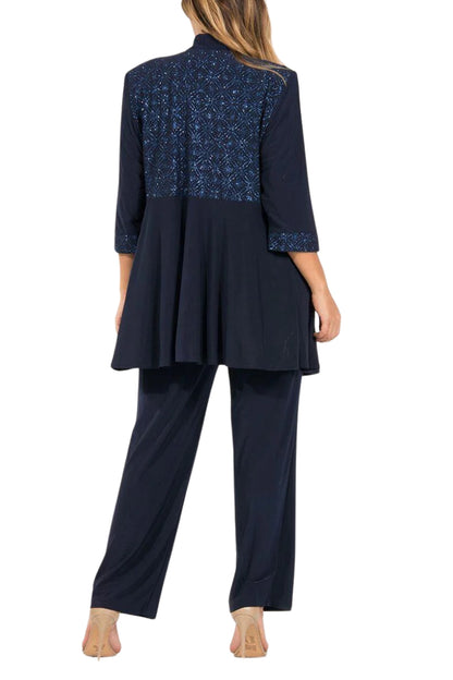 R&M Richards Three Piece Pantsuit With Sheer Sleeves and Neckline Beading (Plus Size) - PEACOCK - Back