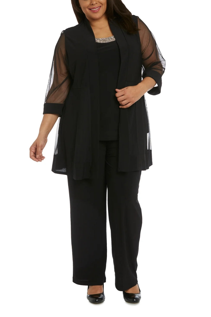 R&M Richards Three Piece Pantsuit With Sheer Sleeves and Neckline Beading (Plus Size) - BLACK - Front