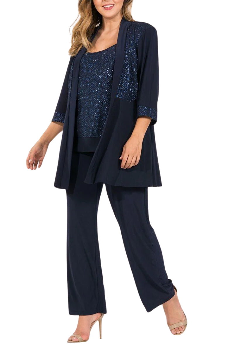 R&M Richards Three Piece Pantsuit With Sheer Sleeves and Neckline Beading (Plus Size) - PEACOCK - Front