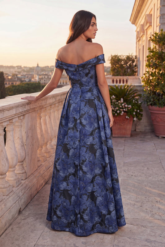Off Shoulder Evening Floral Jacquard Evening Dress