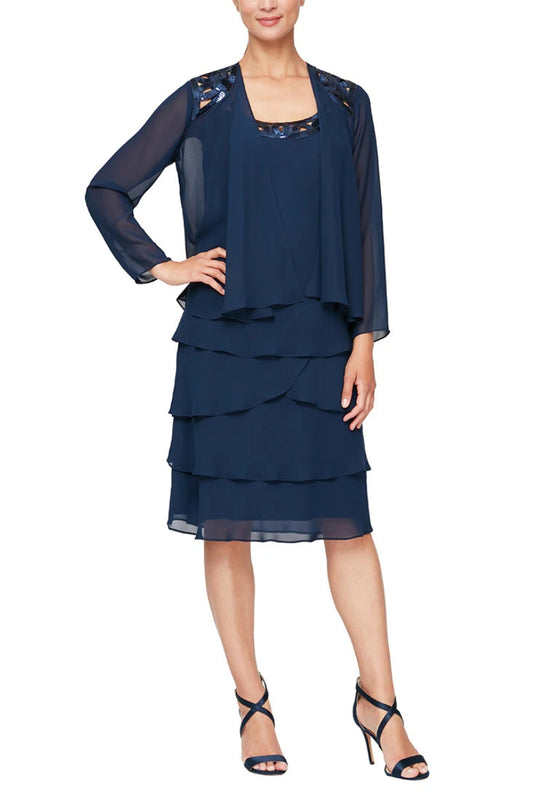 SL Fashions Chiffon Jacket with Beaded Detail Scoop Neckline Tiered Skirt Set Dress (Plus Size) - DEEP NAVY - Front