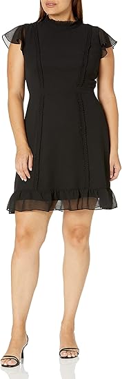 Black High Neck Mini Chiffon Cocktail A-Line Dress with Ruffle Hem and Flutter Sleeves Adrianna Papell AP1D102566