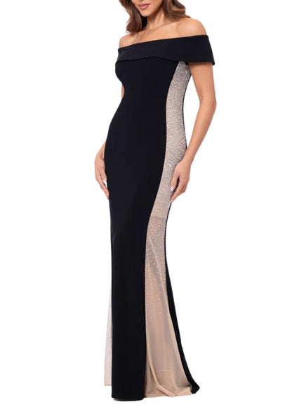 XScape Brianna Off-The-Shoulder Side Silver Bead Fitted Long Gown Dress
