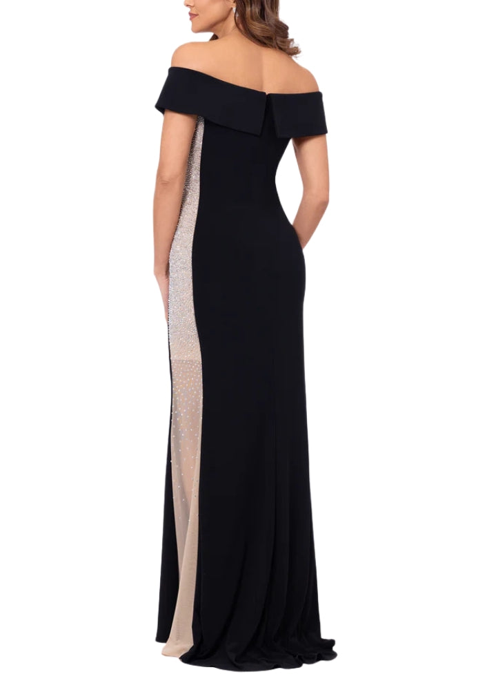 XScape Brianna Off-The-Shoulder Side Silver Bead Fitted Long Gown Dress - BLACK NUDE SILVER - Back