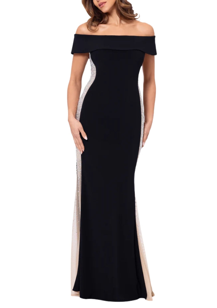 XScape Brianna Off-The-Shoulder Side Silver Bead Fitted Long Gown Dress - BLACK NUDE SILVER - Front