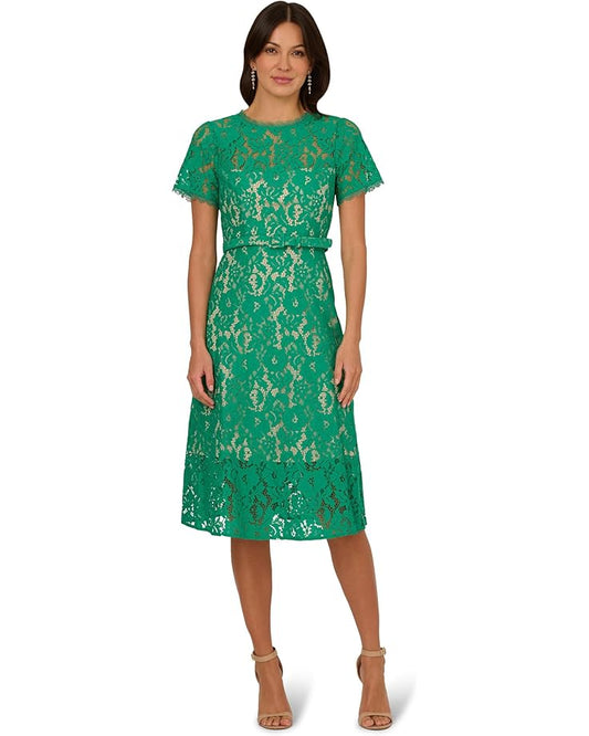 Scoop Neck Knee-Length Lace Gown with Belted Waist Cocktail Dress Adrianna Papell AP1D105764