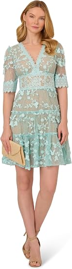V-Neck Knee-Length Lace Occasion Fit & Flare Adrianna Papell AP1D105244