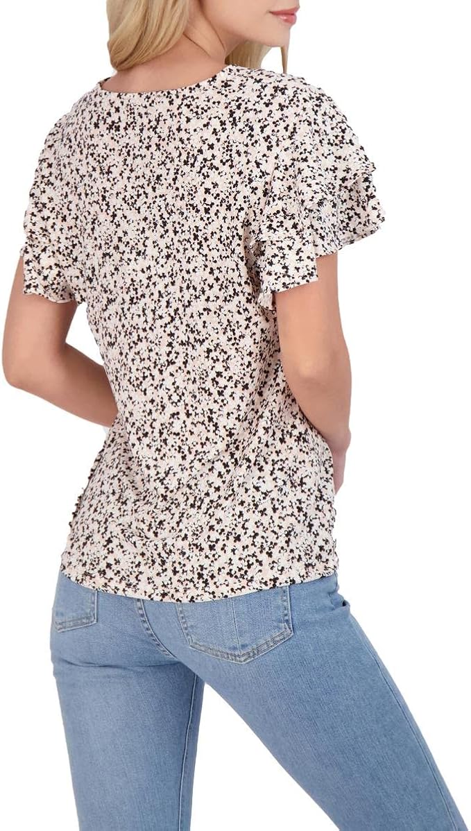 Adrianna Papell V-Neck Double Flutter Short Sleeve Printed Knit Moss Crepe Top