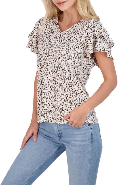 Adrianna Papell V-Neck Double Flutter Short Sleeve Printed Knit Moss Crepe Top