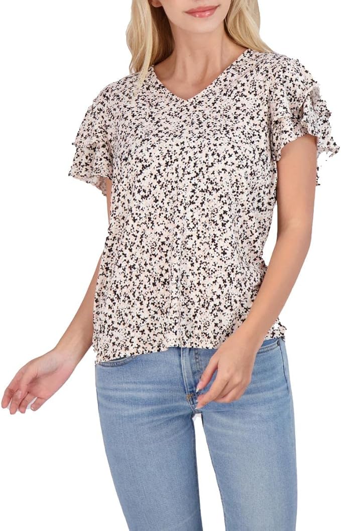 Adrianna Papell V-Neck Double Flutter Short Sleeve Printed Knit Moss Crepe Top