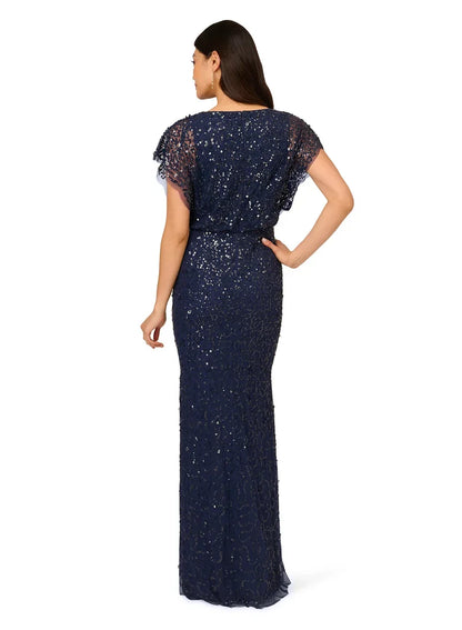 Midnight Multi Crew Neck Floor-Length Sequin Formal Mermaid Gown Floral Embroidery and Flutter Sleeves Adrianna Papell AP1E211531