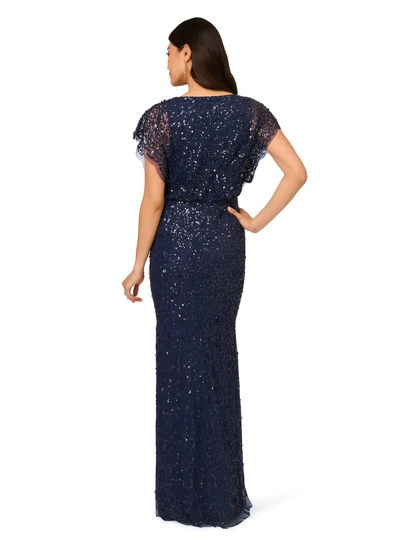 Midnight Multi Crew Neck Floor-Length Sequin Formal Mermaid Gown Floral Embroidery and Flutter Sleeves Adrianna Papell AP1E211531