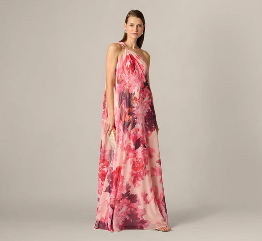 One-Shoulder Peony Floral Chiffon Scarf Gown Aidan Mattox MD1E209994