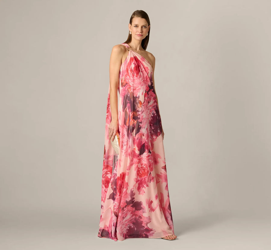 One-Shoulder Peony Floral Chiffon Scarf Gown Aidan Mattox MD1E209994
