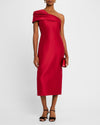Red One-Shoulder Midi-Length Satin Formal Sheath Dress Draped Neckline Badgley Mischka SC4316