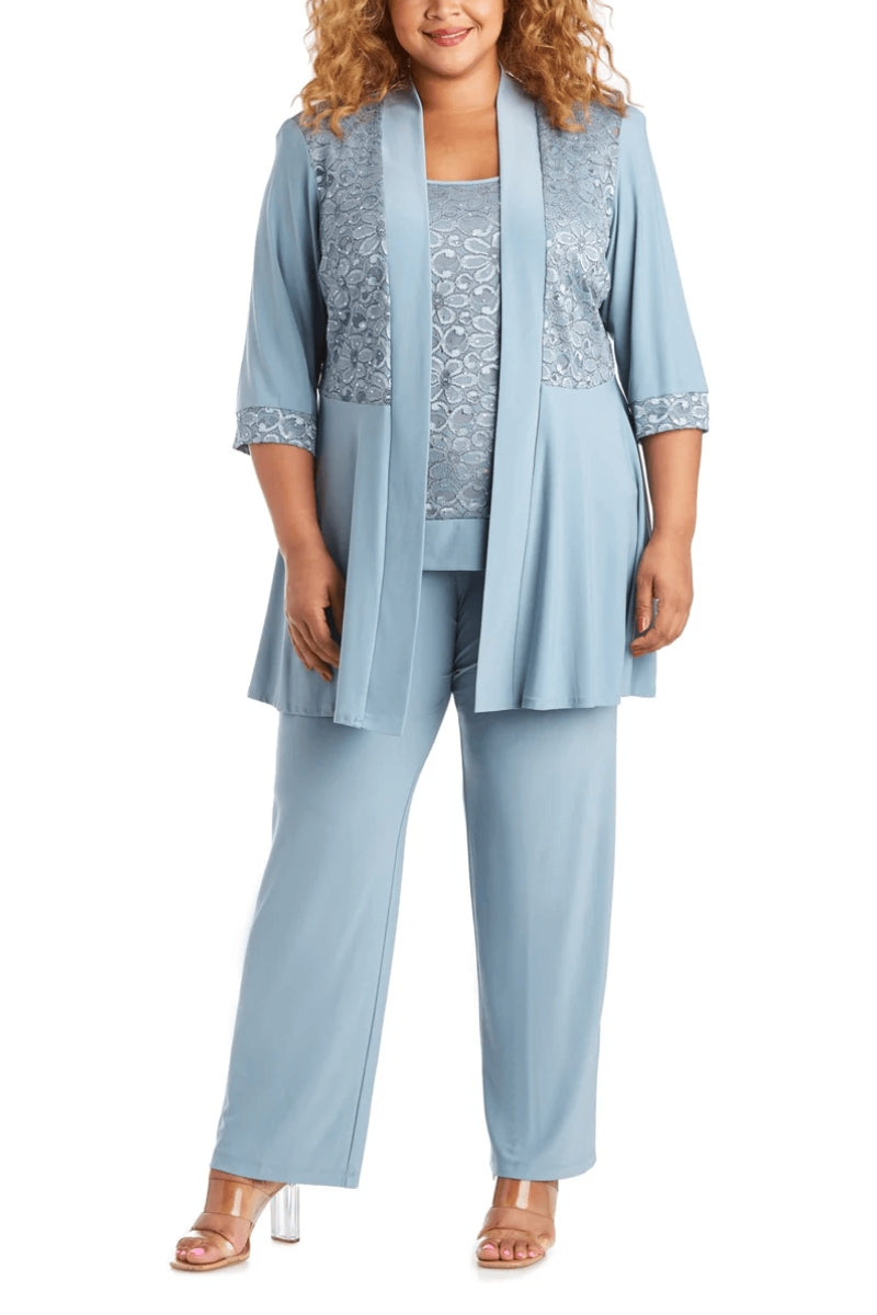 R&M Richards Sleeveless Laced Scoop Neckline Blouse Top Pleated Sequin Open Jacket Straight Leg Relaxed Trouser Pants Suit Dress (Plus Size)