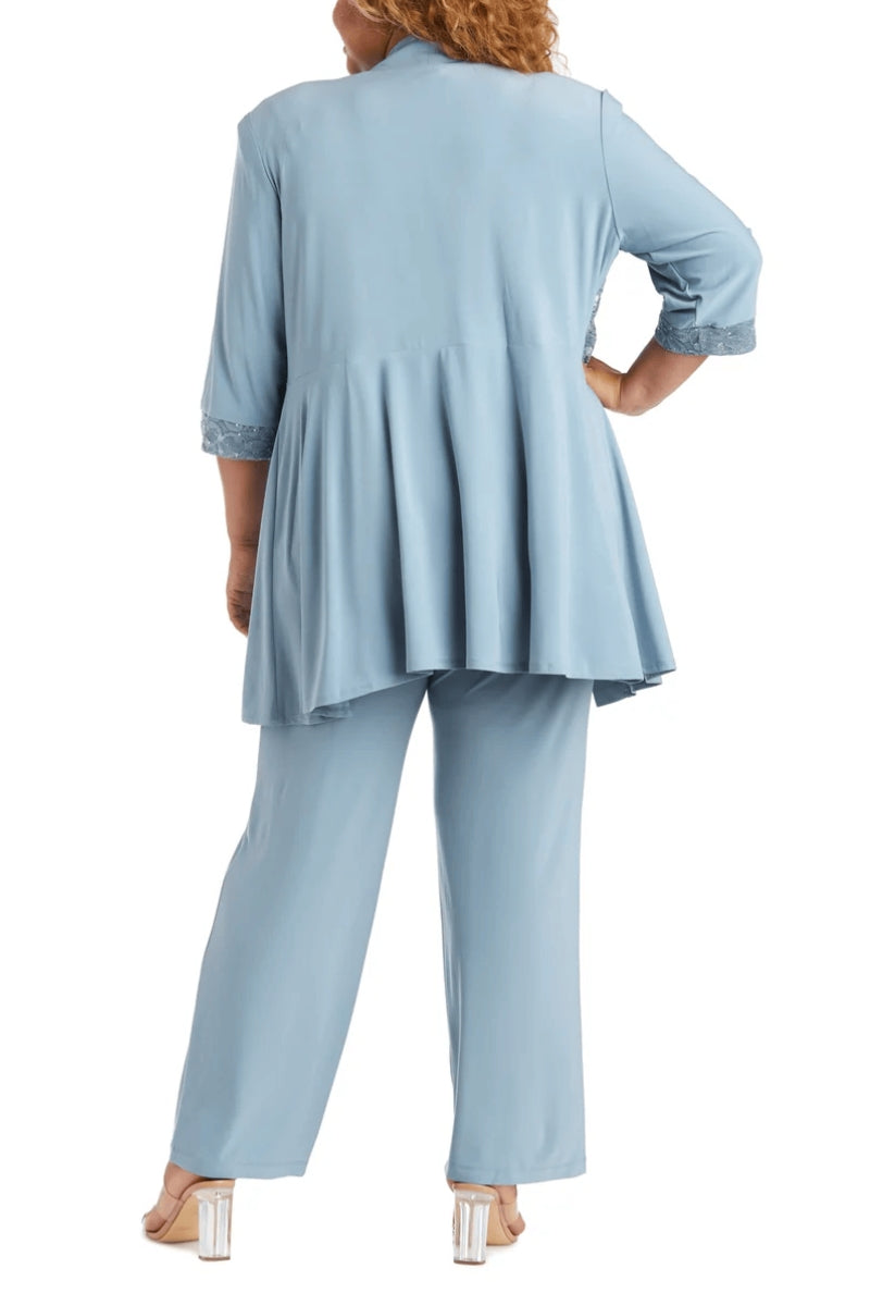 R&M Richards Sleeveless Laced Scoop Neckline Blouse Top Pleated Sequin Open Jacket Straight Leg Relaxed Trouser Pants Suit Dress (Plus Size)