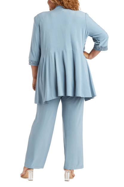 R&M Richards Sleeveless Laced Scoop Neckline Blouse Top Pleated Sequin Open Jacket Straight Leg Relaxed Trouser Pants Suit Dress (Plus Size)