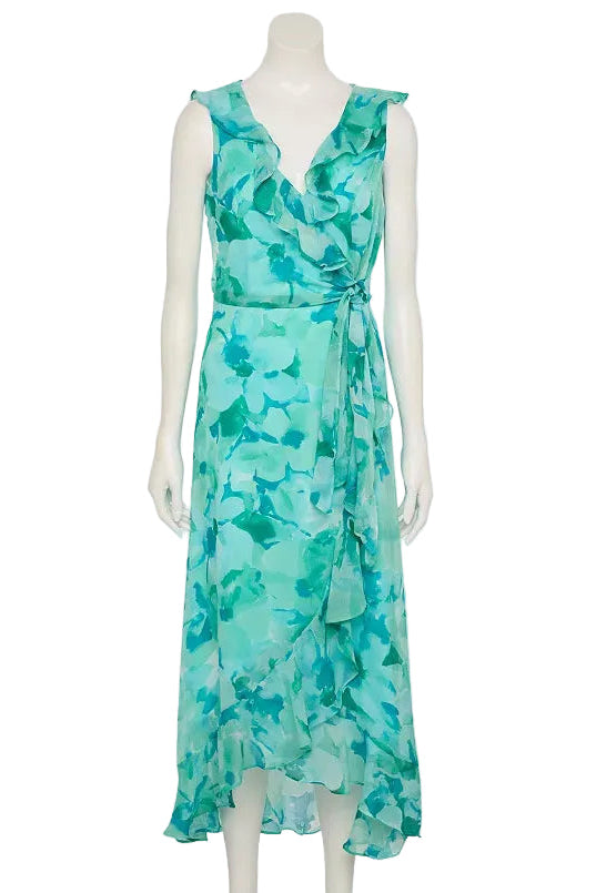 Mannequin wearing a turquoise floral dress on a white background