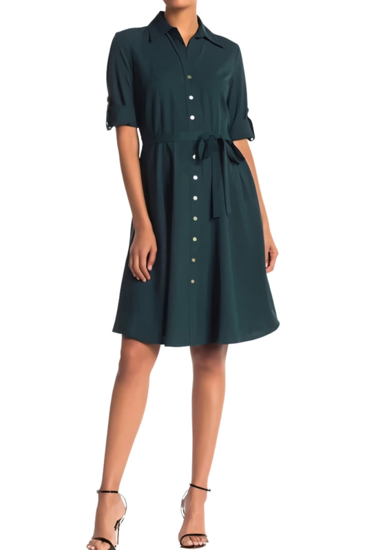 Sharagano Collared Button Down Tie Front Pockets Solid Crepe Dress