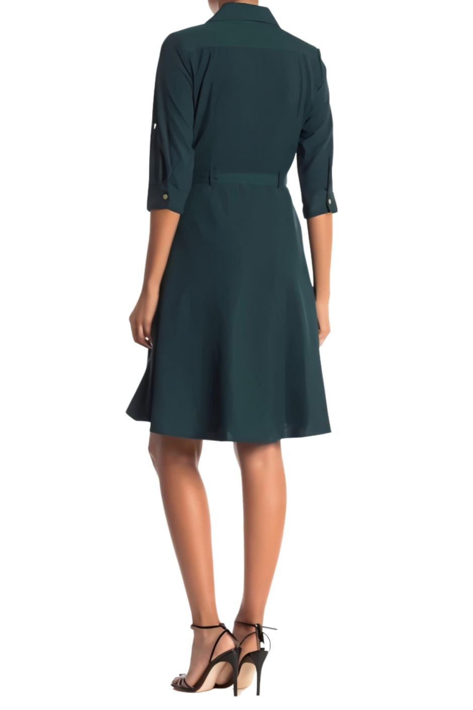 Sharagano Collared Button Down Tie Front Pockets Solid Crepe Dress