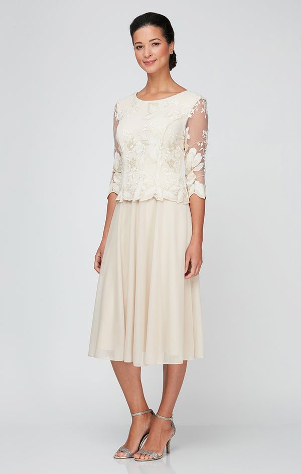 Wholesale Tea Length Embroidered Mock Dress With Illusion Sleeves, Scallop Detail and Full Sk Alex Evenings 82122420