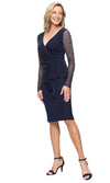 Wholesale Short Metallic Knit Sheath Dress with Surplice Neckline, Illusion Heat Set Sleeves Alex Evenings 8127880