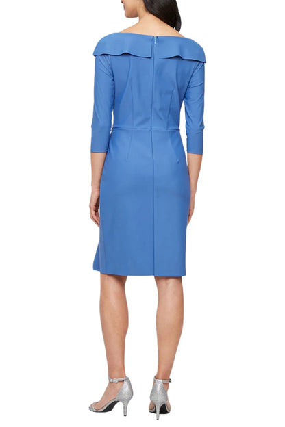 Alex Evenings Draped Collar Cowl V-Neckline Quarter Sleeves Cascade Ruffle Accent Waist Brooch Contour Sheath Midi Dress