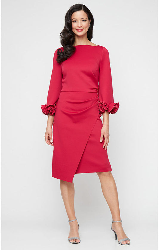 Wholesale Short Stretch Crepe Sheath Dress with Boat Neckline and Ruffle Sleeve Detail Alex Evenings 8160516