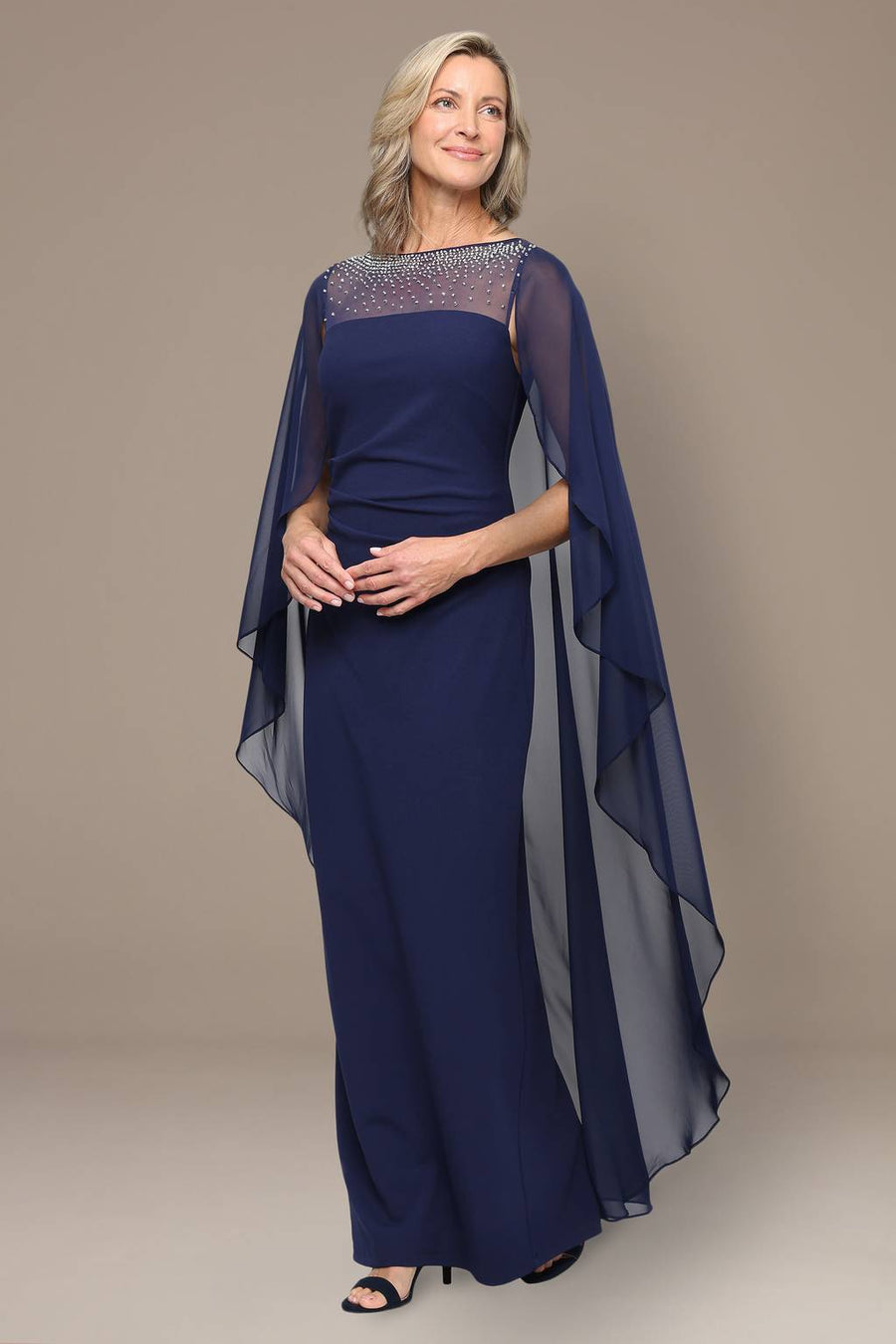 Wholesale Long Stretch Crepe Column Dress with Heat Set Illusion Neckline and Dramatic Chiffon Cap Alex Evenings 8160591