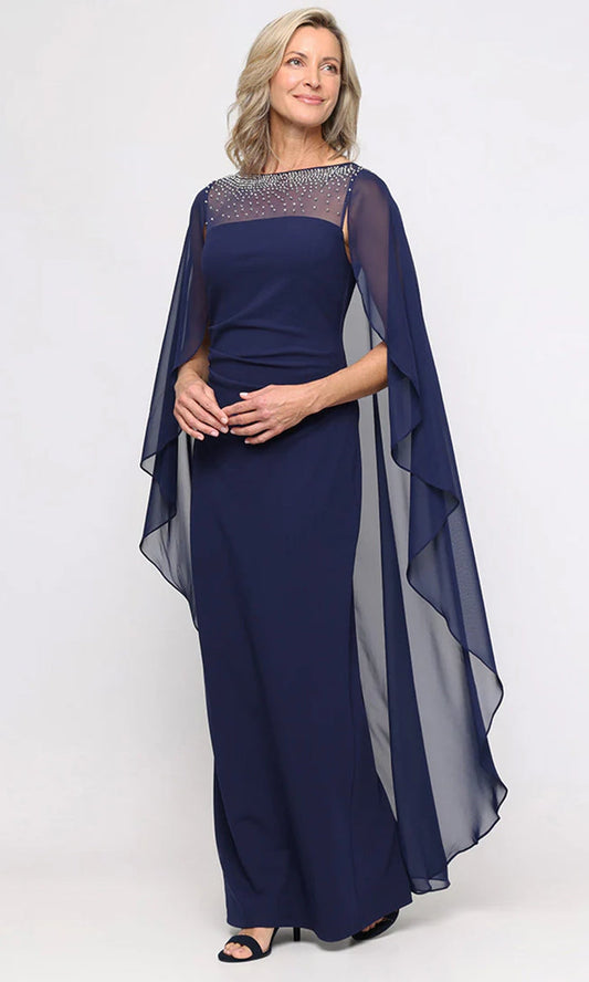Wholesale Long Stretch Crepe Column Dress with Heat Set Illusion Neckline and Dramatic Chiffon Ca Alex Evenings 8460591
