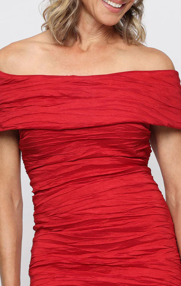 Red Off-the-Shoulder Floor-Length Pleated Taffeta Formal Evening Sheath Gown Alex Evenings 8166731