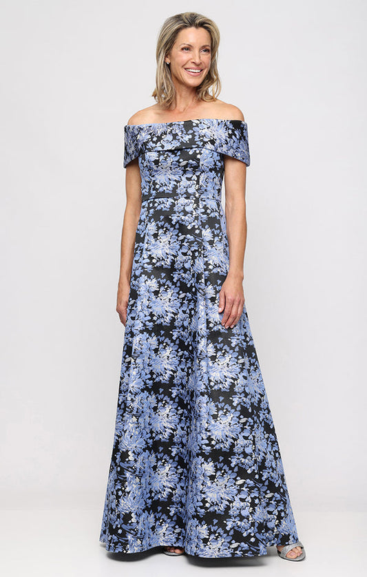 Wholesale Long Printed Jacquard Off the Shoulder Ballgown with Foldover Cuff Neckline and Pockets Alex Evenings 8181260