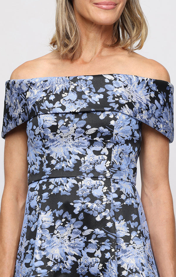Wholesale Long Printed Jacquard Off the Shoulder Ballgown with Foldover Cuff Neckline and Pockets Alex Evenings 8181260