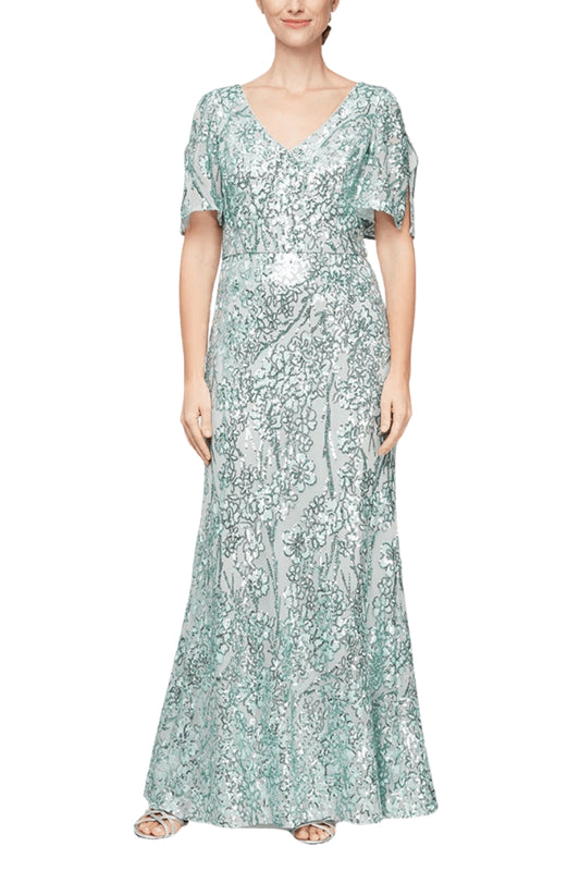 Alex Evenings V-Neck Cold Shoulder Short Flutter Sleeves V-Back Zipper Closure Shimmering Sequin Floor Length Silhouette Gown Dress - ICE SAGE - Front