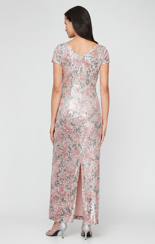 Wholesale Long Printed Stretch Sequin Column Dress with Short Sleeves and Ruched Overlay Wai Alex Evenings 8196990