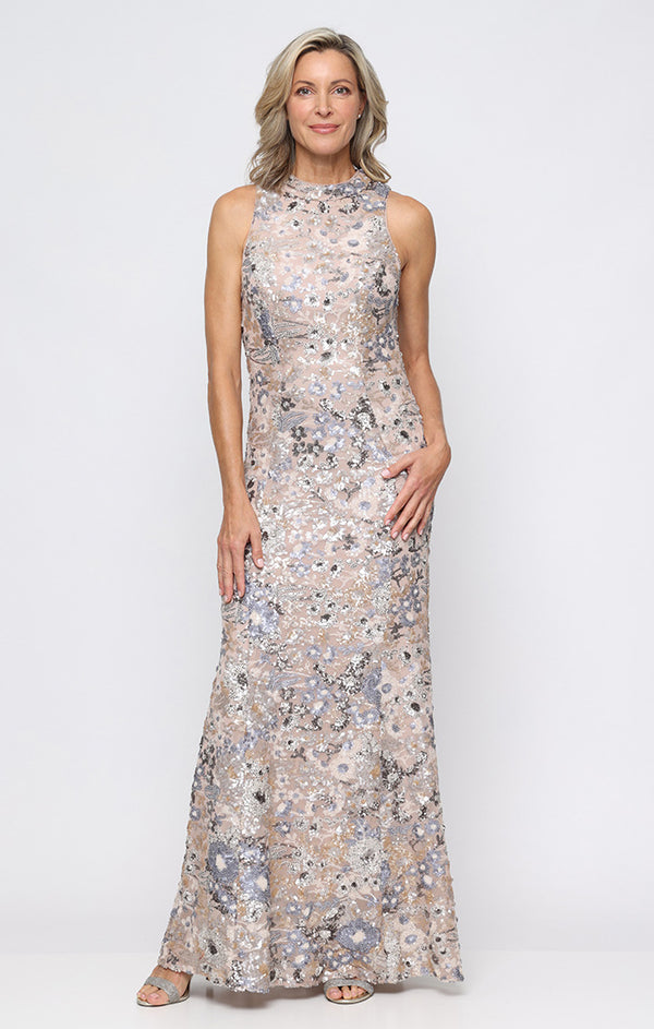 Scoop Neck Floral Sequin Gown with High Slit Alex Evenings 8296996