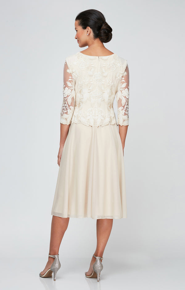 Wholesale Tea Length Embroidered Mock Dress With Illusion Sleeves, Scallop Detail and Full Sk Alex Evenings 82122420
