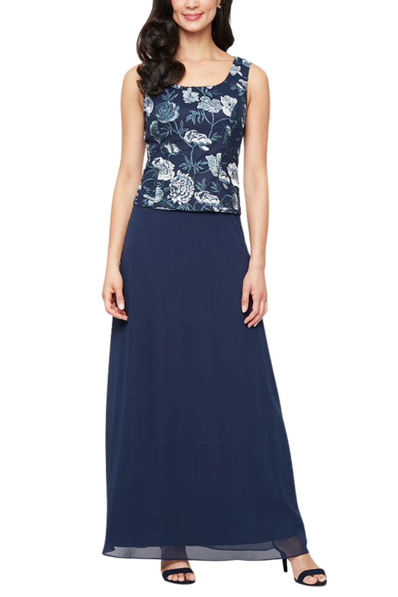 Alex Evenings 2-Piece Set Embroidered Quarter Sheer Sleeves Jacket with Matching Scoop Neckline Fitted Bodice A-Line Skirt Maxi Dress (Petite)